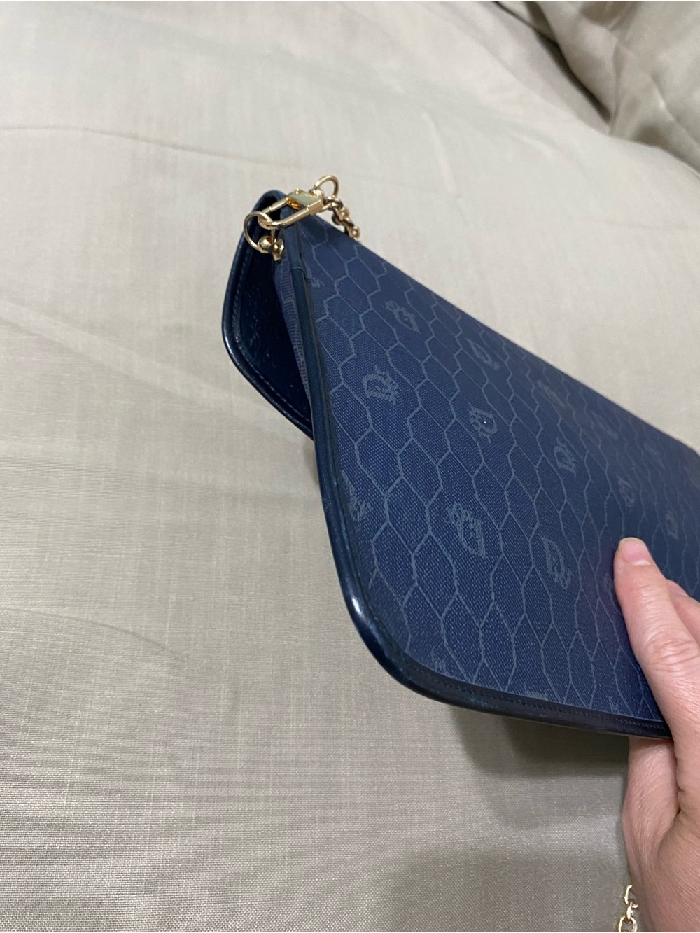 Vintage DIOR Oversized Clutch Bag Wallet Navy Honeycomb Chain Added - Picture 11 of 16